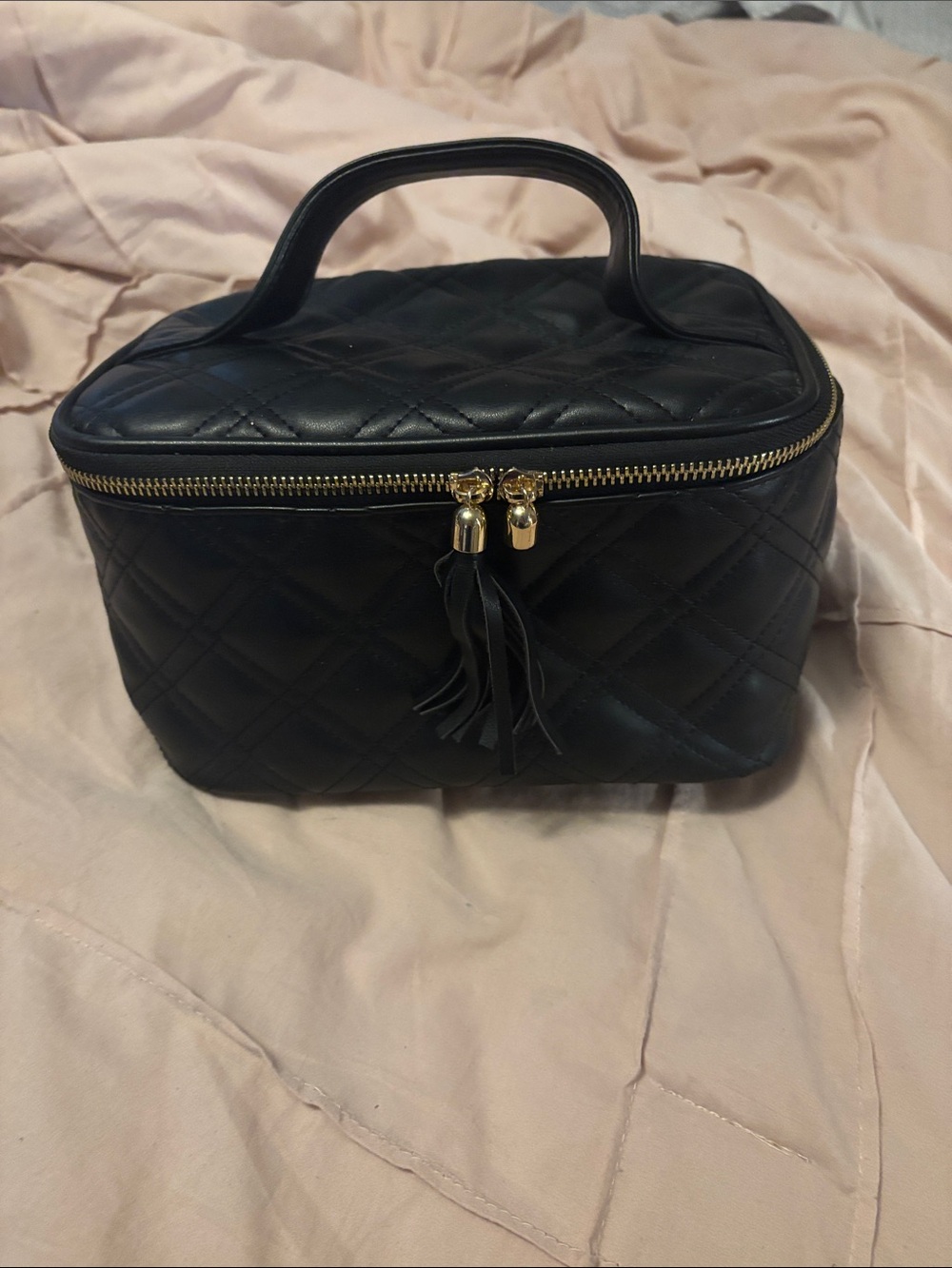 Classic Black Quilted Cosmetic Case with Gold Zipper and Top Handle